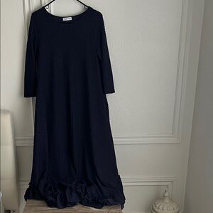 Long Sleeve Navy Midi Dress with Ruffle Hem
